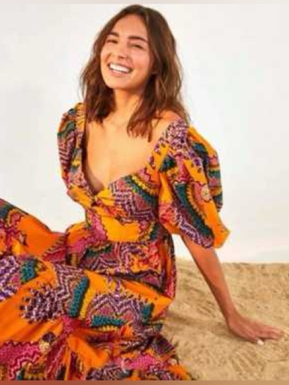 FARM RIO Beaded Macaws Midi Dress XS Like New Colorful Macaw Print Puff Sleeve T